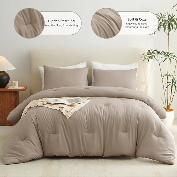 CozyLux Queen Comforter Set Khaki, 3 Pieces Solid Comforters Queen Size - Image 2