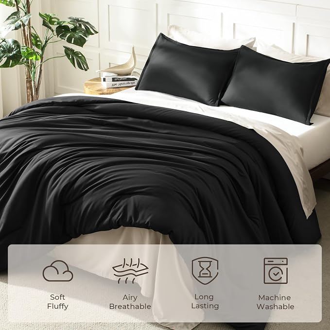 Litanika Black Comforter Set Queen Size, 3 Pieces Lightweight Solid Bedding - Image 3