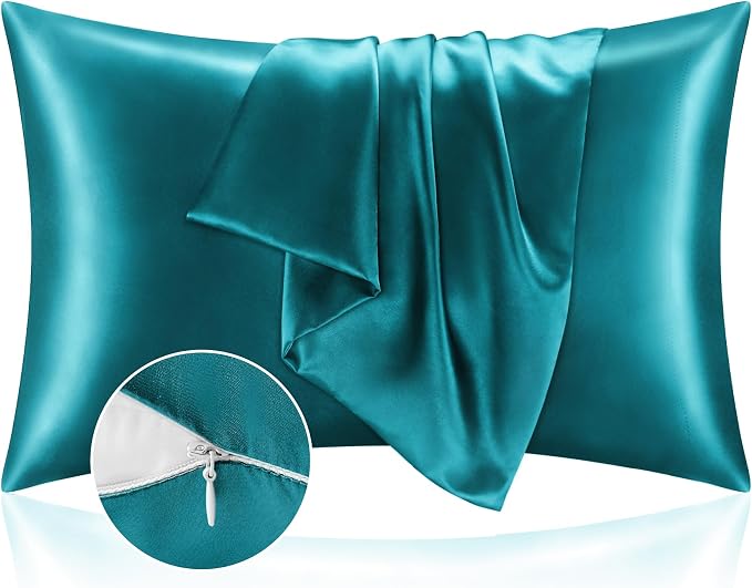 BEDELITE Satin Pillowcase with Zipper, Teal Pillow Cases Queen Size Set of 2 by BEDELITE