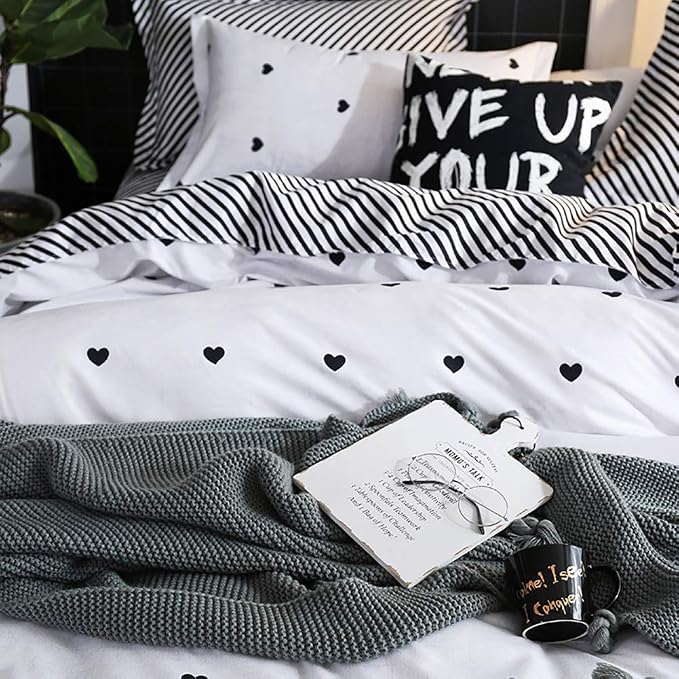 Omelas Kids Heart Love Queen Duvet Cover Set Black and White Teens Girls Lovely - Image 4