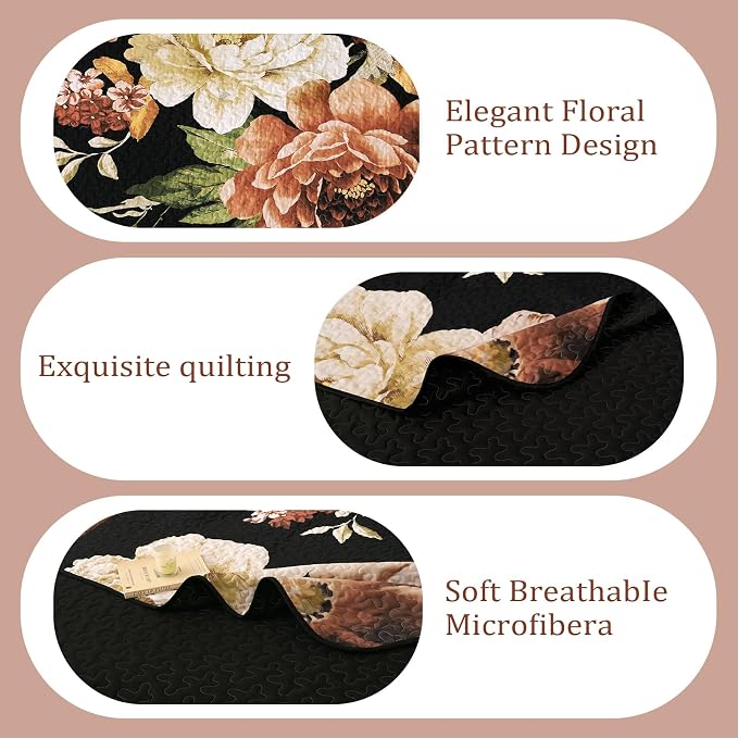 WONGS BEDDING Black Boho Floral Quilt Set King, 3 Pieces Elegant Gold Flower - Image 7