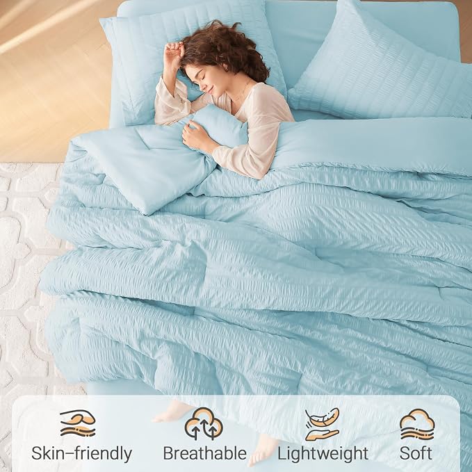 MUXHOMO 5 Pieces Twin Comforter Set, Seersucker Bed in a Bag Twin Size - Image 2
