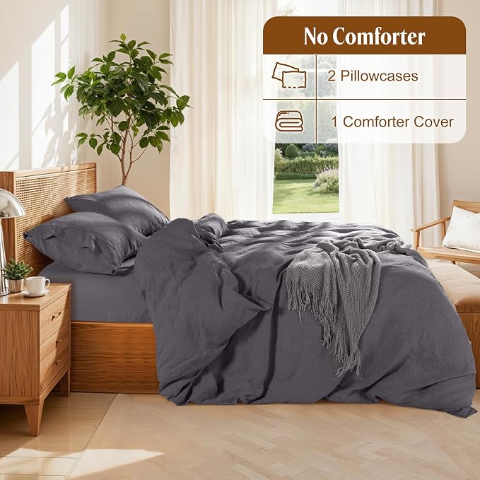 LBRO2M 100% France Linen Duvet Cover Set Queen Size 3 Pcs Natural Flax - Image 4