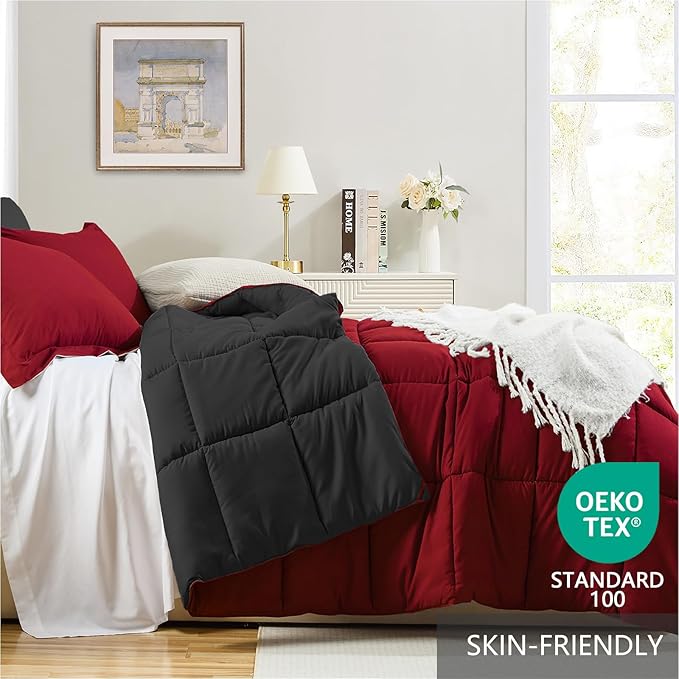 Homelike Moment King Size Comforter Set Black, Lightweight Reversible Red - Image 3
