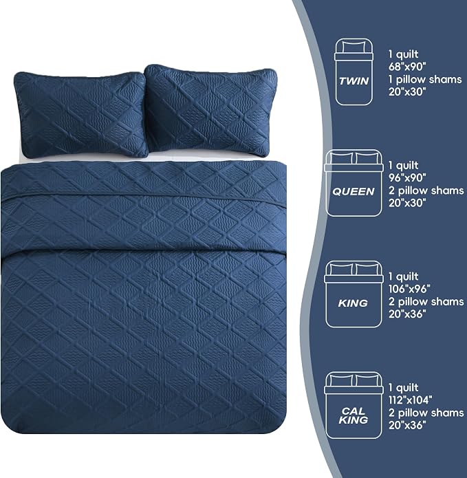 Yiran Navy Blue Quilt Set King Size Fall Bedspreads Embossed Diamond Pattern 3 - Image 8
