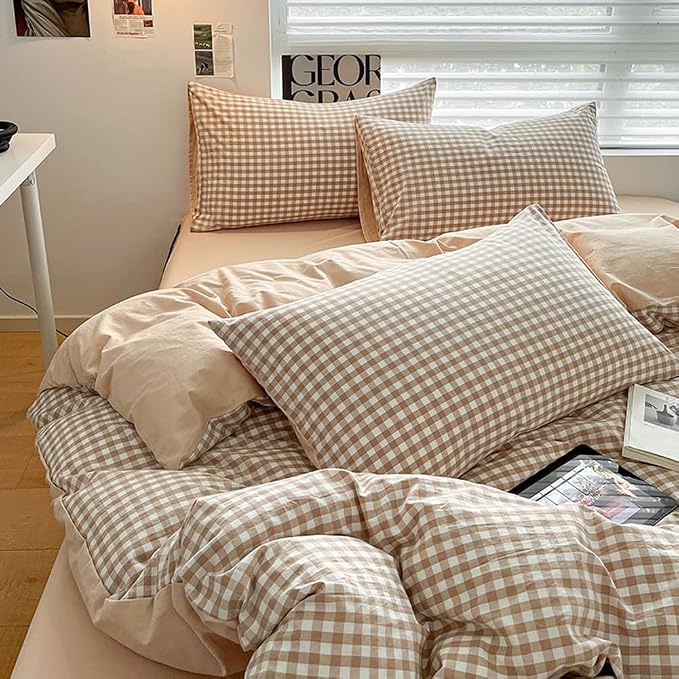 Nayoroom Brown Gingham Duvet Cover Queen Size 100% Washed Cotton Duvet Cover 3 - Image 5
