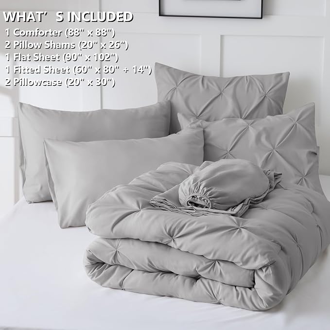 HIMEET Pintuck Bed in a Bag, 7 Pieces Queen Size Comforter Set Light Grey - Image 8