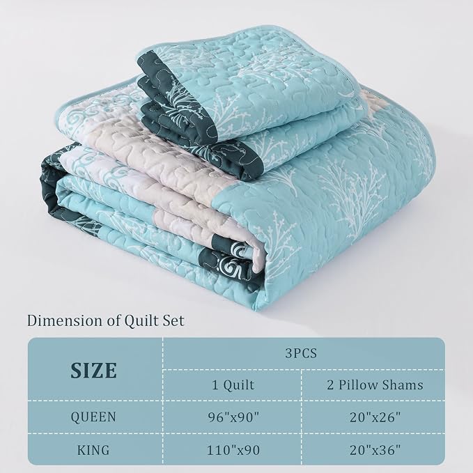 DJY Quilt Set Queen Size Light Blue Boho Striped Floral Bedspread Coverlet Set - Image 7