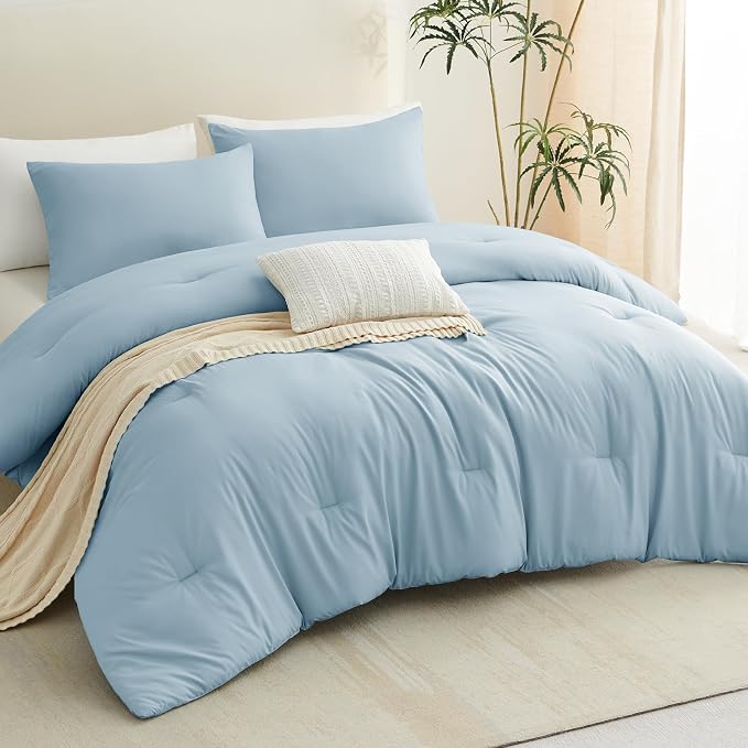 CozyLux Queen Comforter Set Light Blue, 3 Pieces Solid Comforters Queen Size - Image 9