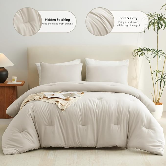CozyLux Beige Queen Comforter Set, 3 Pieces Boho Solid Breathable Quilted Style - Image 2