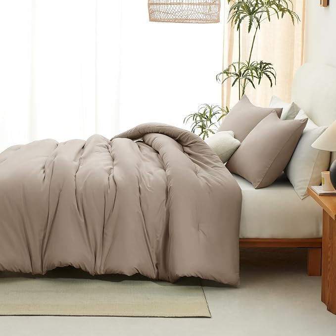 CozyLux Queen Comforter Set Khaki, 3 Pieces Solid Comforters Queen Size - Image 9