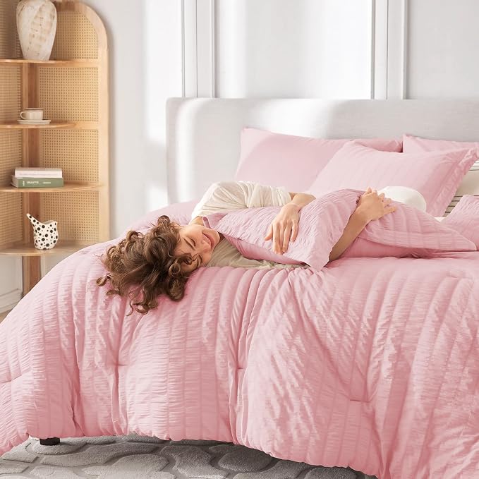 MUXHOMO 7 Pieces King Comforter Set, Seersucker Bed in a Bag King Size - Image 7