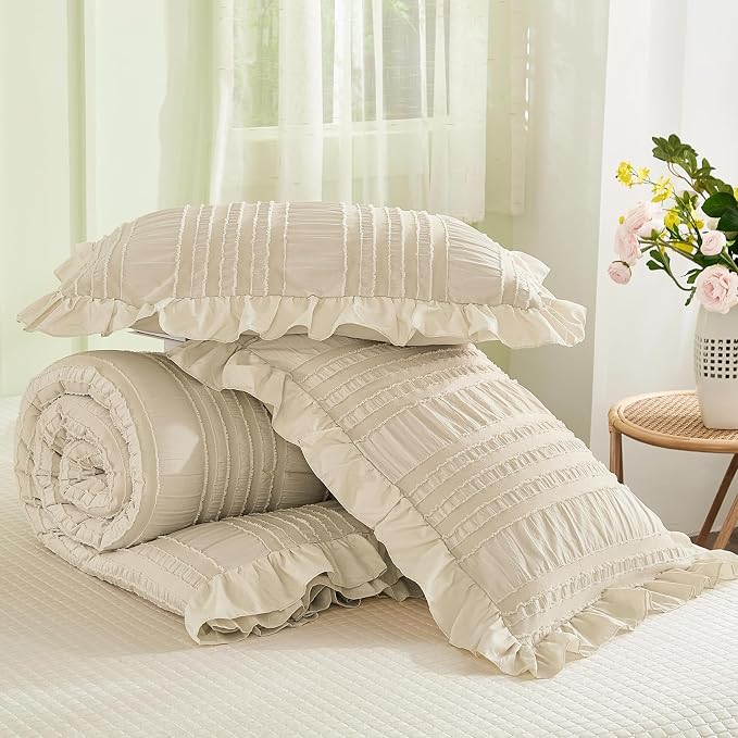 WONGS BEDDING Beige Ruffle Queen Comforter, Boho Shabby Chic Bedding - Image 7