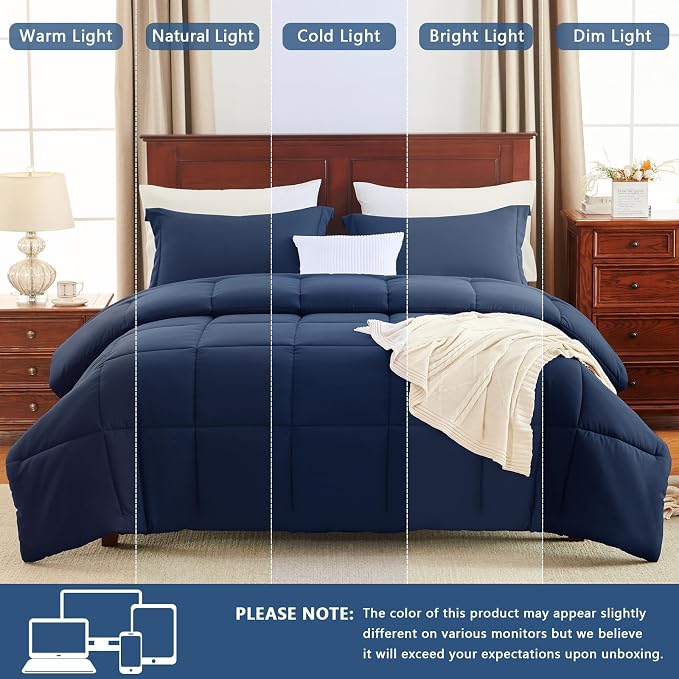 CozyLux Oversized King Comforter Set, 3 Pieces Navy Blue 120x98 Box Stitched - Image 5