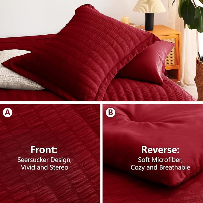 CozyLux Queen Comforter Set Dark Red Seersucker 7 Pieces Bed in a Bag Queen - Image 4