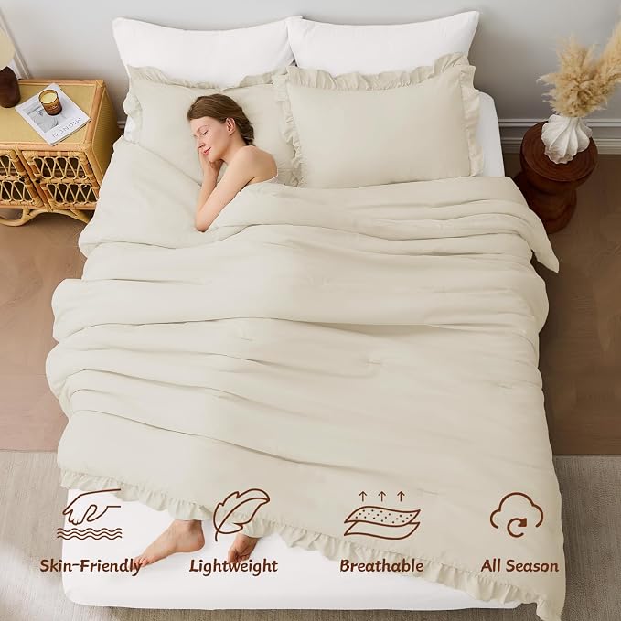 FUANNA Full Size Comforter Sets Cream White, 3 Pieces Ruffle Full Size Bedding - Image 3