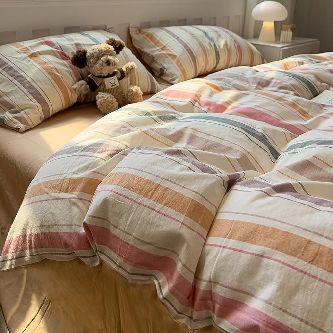 mixinni Vintage Striped Duvet Cover Set Twin Size, 3-Piece 100% Washed Cotton - Image 5