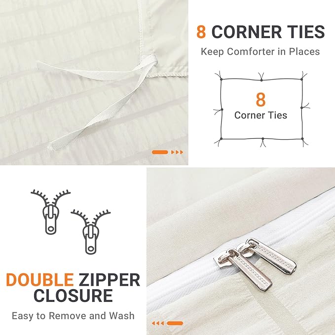 HYMOKEGE Ivory Duvet Cover King Size, Ultra Soft 3-Piece Seersucker Duvet Cover - Image 4