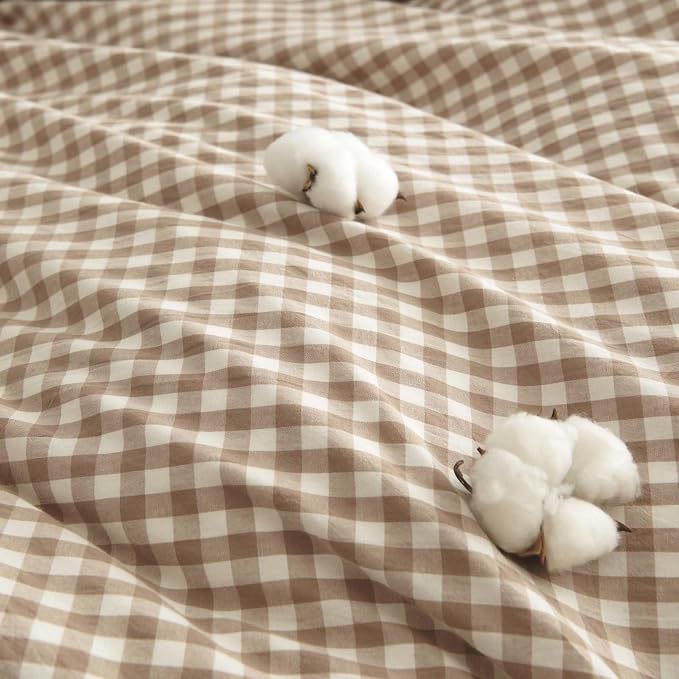 Nayoroom Gingham Duvet Cover King Size 100% Washed Cotton Brown Tan Plaid - Image 5