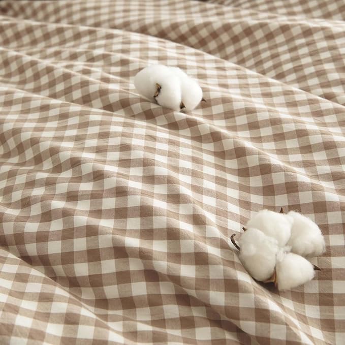 Nayoroom Gingham Duvet Cover Queen Size 100% Washed Cotton Brown Tan Plaid - Image 5