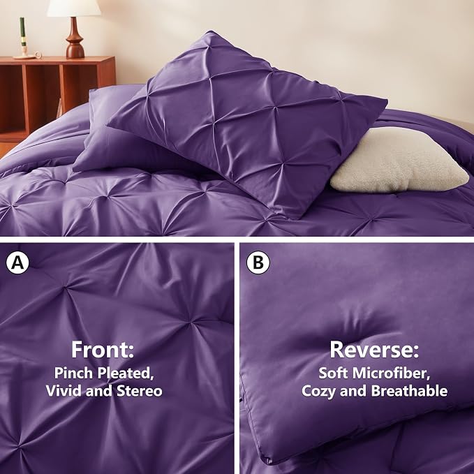 CozyLux King Size Comforter Set Purple, 7 Pieces Pintuck Bed in A Bag Purple - Image 3