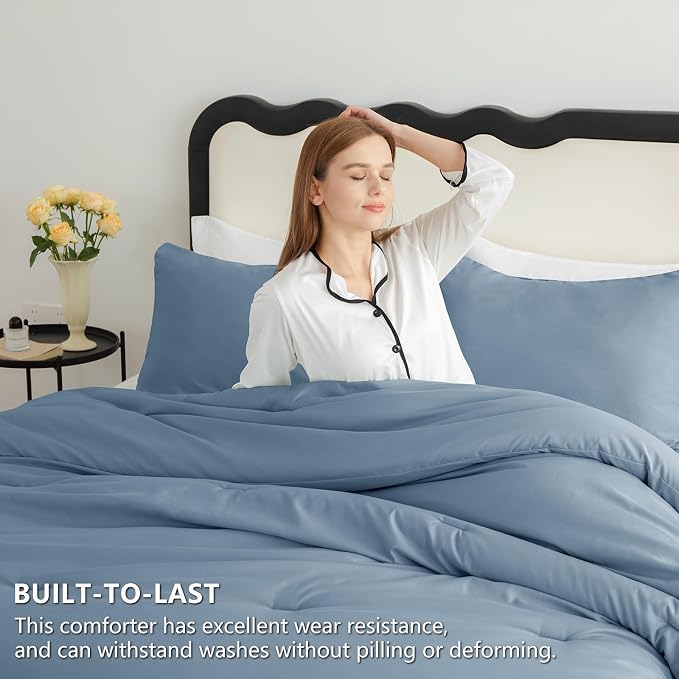 CozyLux Grayish Blue King Size Comforter Set, 3 Pieces Dusty Blue Solid - Image 3