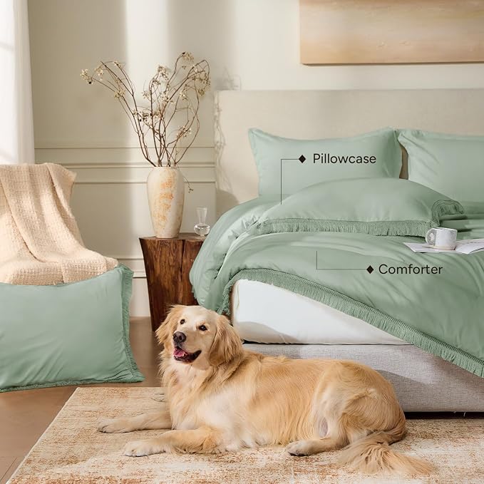 Andency Sage Green Tassel Comforter Set Full, 3 Pieces Boho Farmhouse Shabby - Image 5
