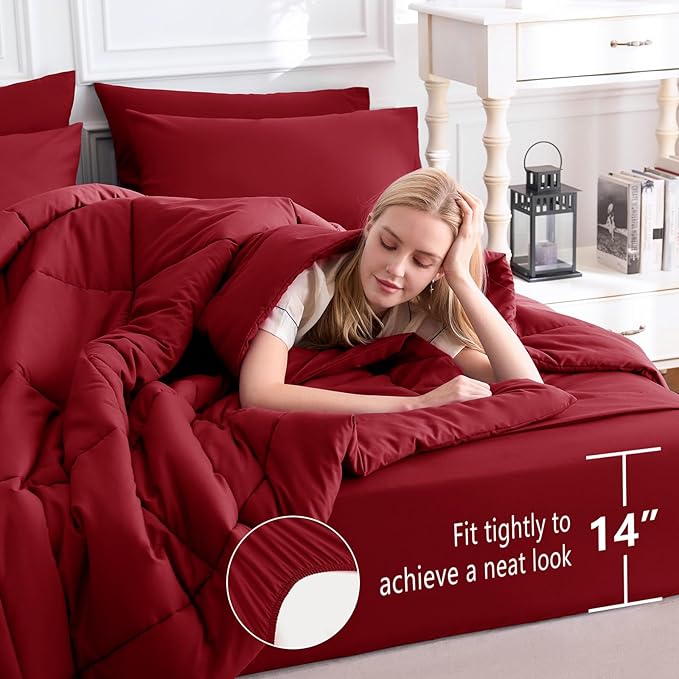 CozyLux King Size Comforter Set Dark Red, 7 Pieces Bed in a Bag, All Season - Image 5
