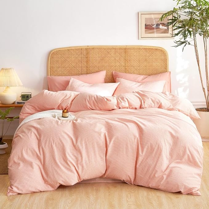 Wake In Cloud - Striped Cotton Duvet Cover Set, 100% Washed Cotton Textured - Image 3