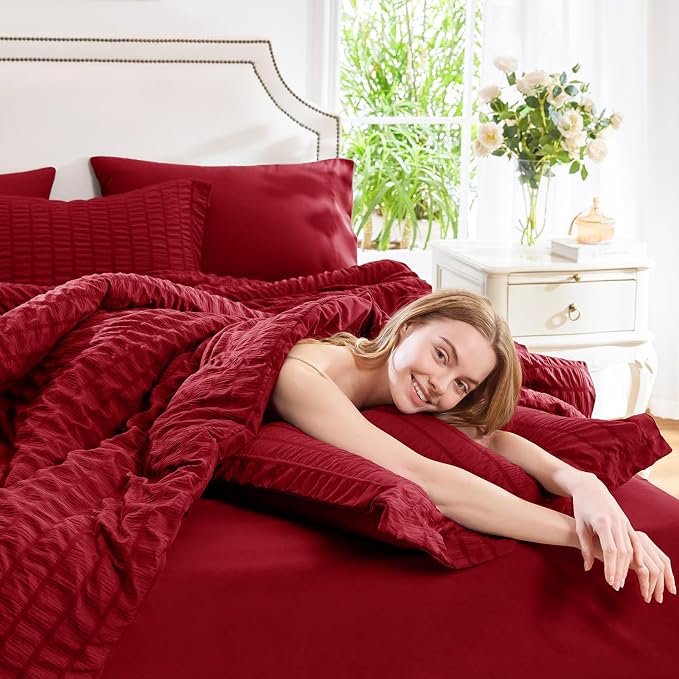 CozyLux Oversized King Comforter Set Dark Red Seersucker 7 Pieces 120x98 Bed in - Image 7