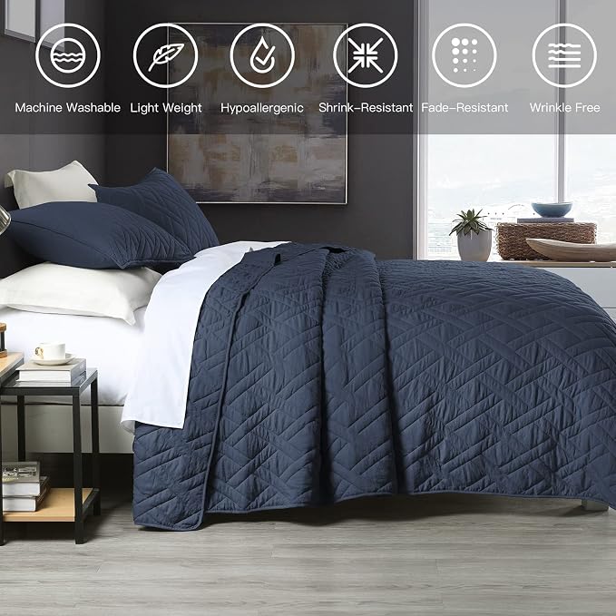 HORIMOTE HOME Quilt Set Twin Size Navy Blue, Classic Geometric Diamond Stitched - Image 5