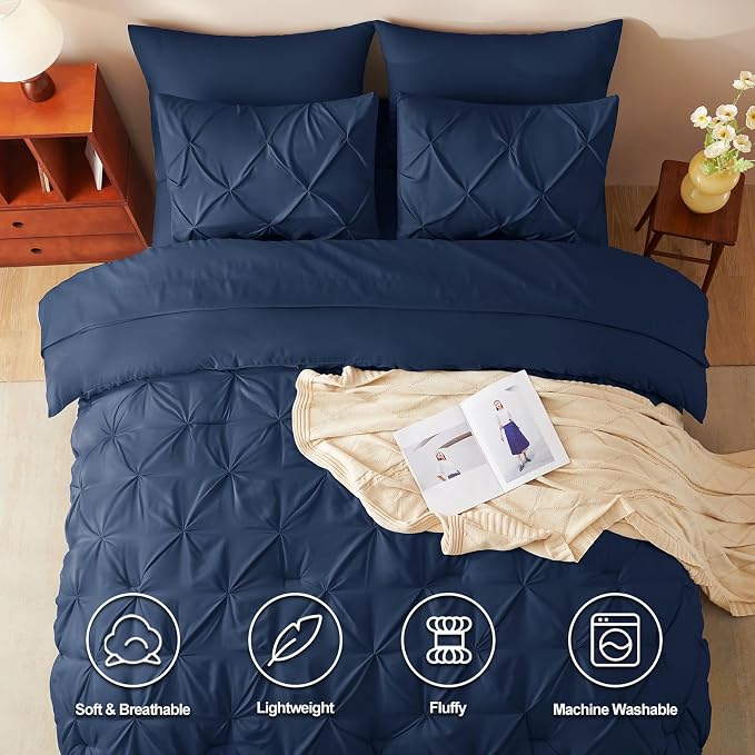 CozyLux King Size Comforter Set Navy Blue, Pintuck Bed in A Bag 7 Pieces - Image 2
