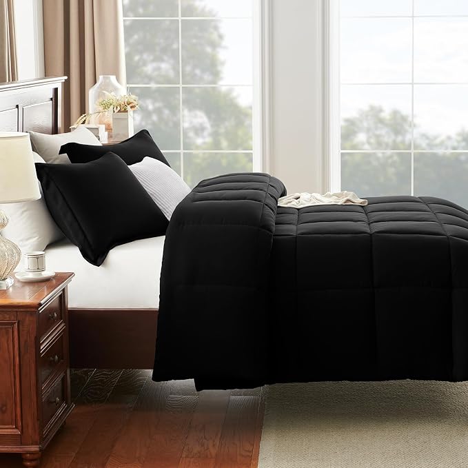 CozyLux Oversized Queen Comforter Set, 3 Pieces Black 98x98 Box Stitched Design - Image 8