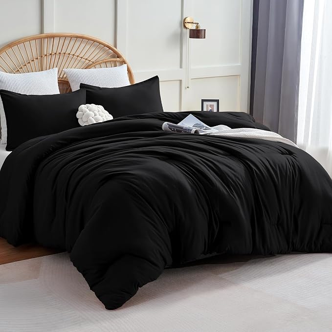 CozyLux Oversized Queen Comforter Set Black, 3 Pieces 98x98 Solid Breathable by CozyLux