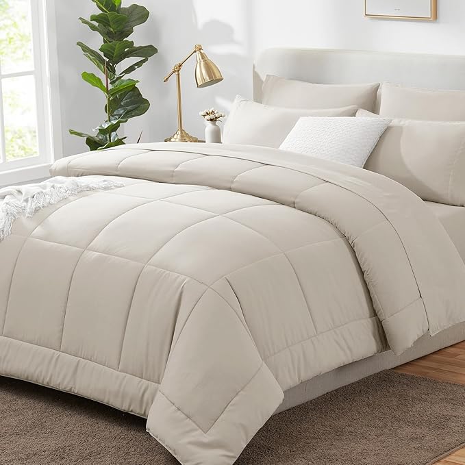 CozyLux King Size Comforter Set Beige, 7 Pieces Bed in a Bag, All Season by CozyLux