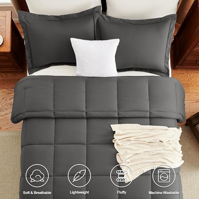 CozyLux Oversized Queen Comforter Set, 3 Pieces Dark Grey 98x98 Box Stitched - Image 4