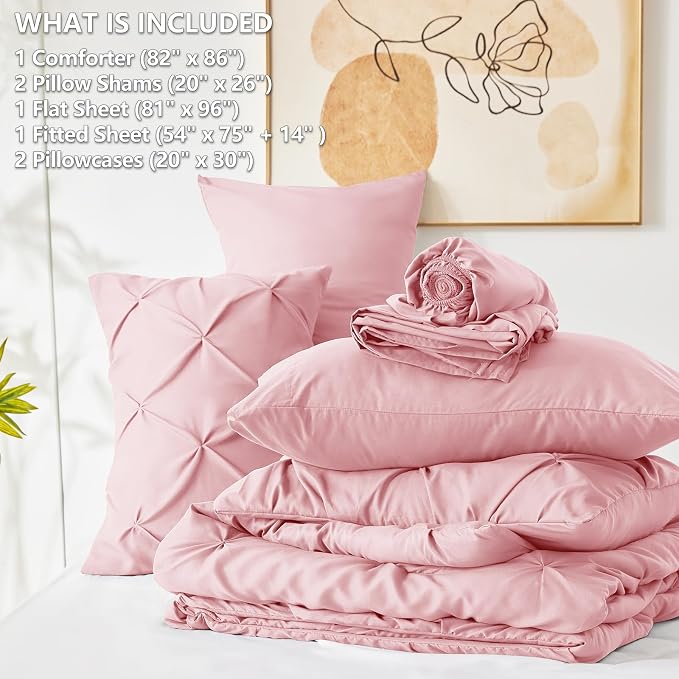HIMEET Pintuck Bed in a Bag, 7 Pieces Full Size Comforter Set Pink, Luxury - Image 7