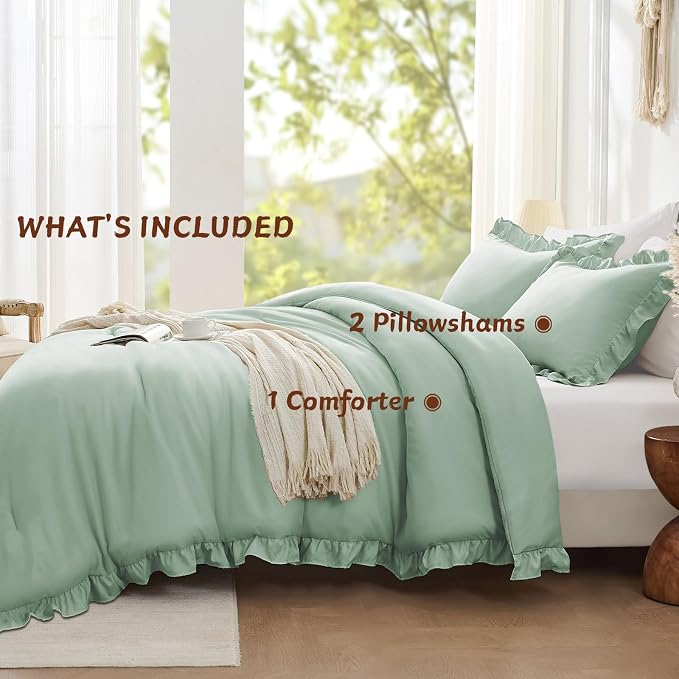 FUANNA Full Size Comforter Sets Sage Green, 3 Pieces Ruffle Full Size Bedding - Image 5