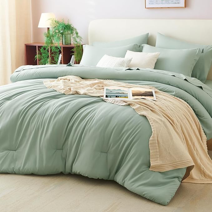 CozyLux Full Comforter Set Sage Green, 7 Pieces Bed in a Bag, Bedding Comforter by CozyLux