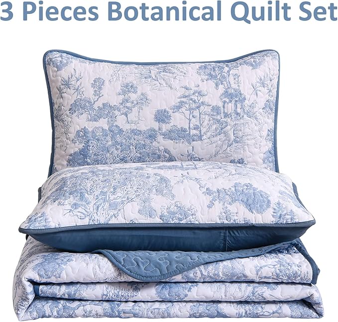 WONGS BEDDING Botanical Quilt Set California King Size, 3 Pieces Blue Toile - Image 5