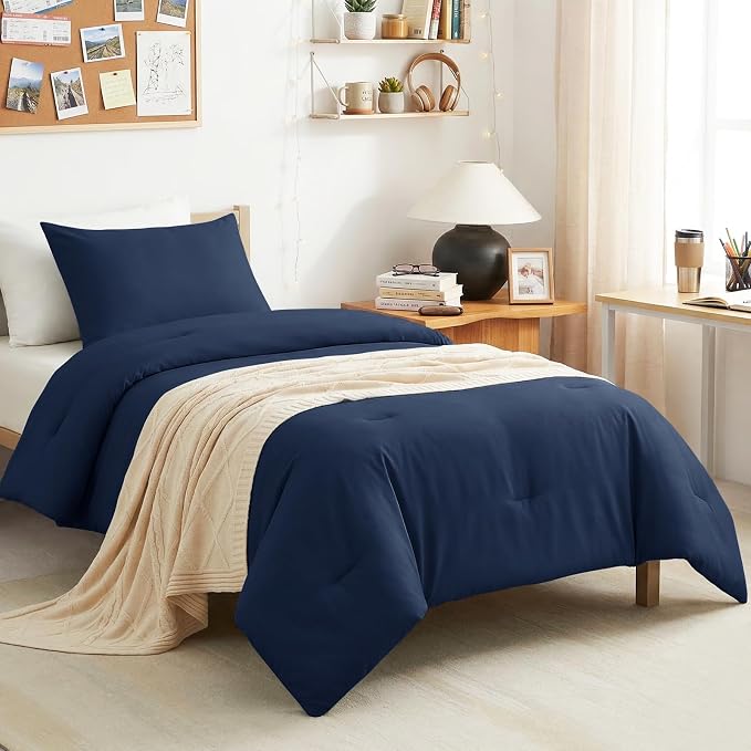 CozyLux Twin Comforter Set Navy Blue, 2 Pieces Twin Extra Long Solid Breathable by CozyLux