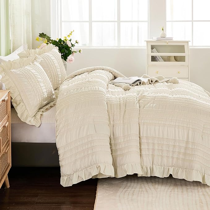WONGS BEDDING Beige Ruffle Queen Comforter, Boho Shabby Chic Bedding - Image 3