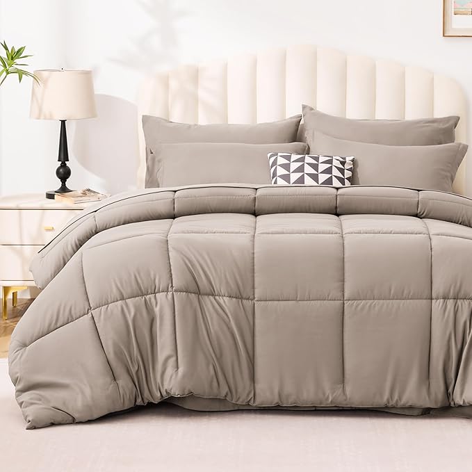 Love's cabin Queen Comforter Set Light Brown, 7 Pieces Queen Bed in a Bag by Lovescabin