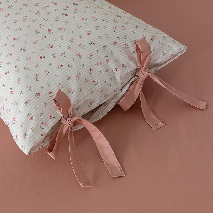 mixinni White Flower Pattern Duvet Cover King Pink Floral Stripes Duvet Cover - Image 6