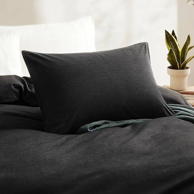LOVQUE Black Duvet Cover Twin Size, 100% Washed Cotton Linen Like Bedding Set - Image 3
