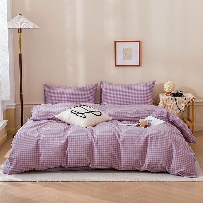 mixinni Purple Gingham Grid Duvet Cover Queen, 100% Washed Cotton Modern - Image 2