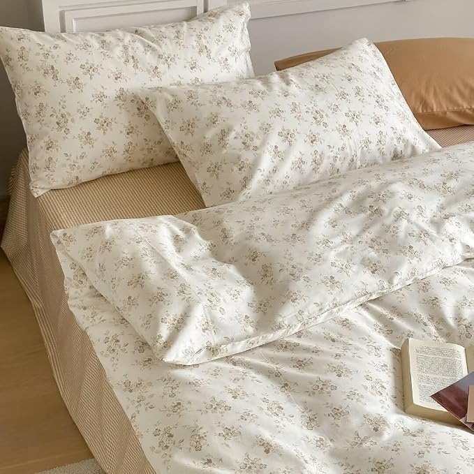 MKXI White Garden Duvet Cover Beige Floral 100% Cotton Coquette Duvet Cover - Image 5