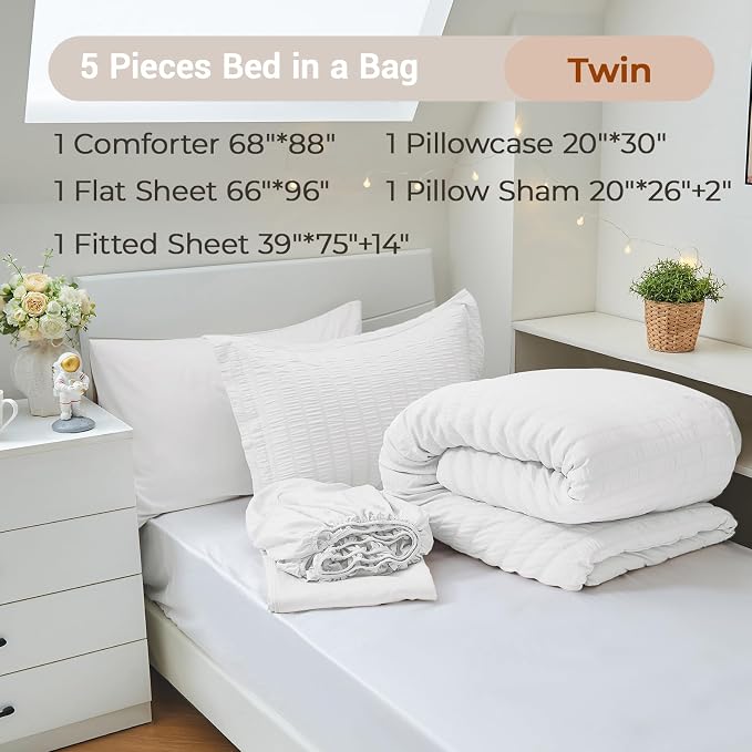 MUXHOMO 5 Pieces Twin Comforter Set, Seersucker Bed in a Bag Twin Size - Image 4