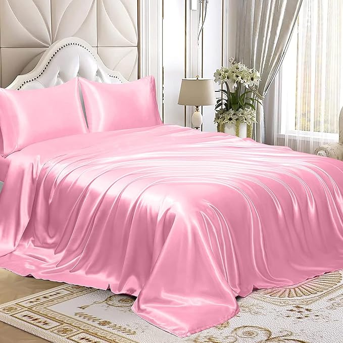 Homiest Pink Satin Flat Sheet for Full Mattress, Luxury & Ultra Soft Bedding - Image 4
