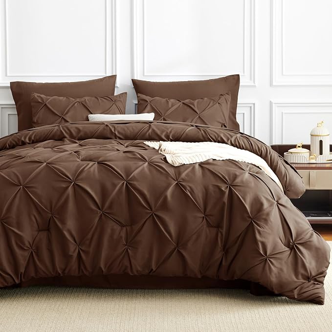 CozyLux Queen Comforter Set Brown, 7 Pieces Pintuck Bed in A Bag, Premium Brown - Image 8